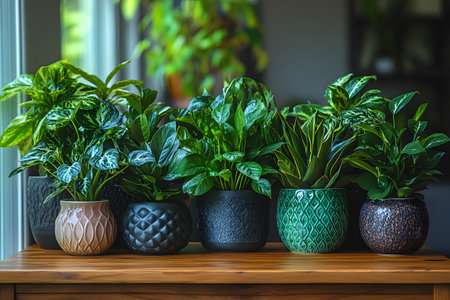 A diverse collection of indoor houseplants arranged in an array of decorative pots sits on a wooden table. the scene highlights lush greenery and stylish ceramics, enhancing interior design with a touch of nature. Generative AIの素材