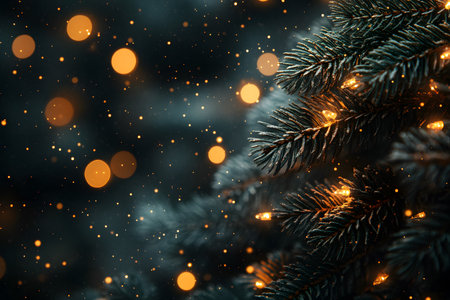 Evergreen branches decorated with warm string lights create a festive atmosphere. the blurred bokeh effect adds a magical touch of golden light dots, evoking a cozy christmas and new year ambiance. Generative AIの素材