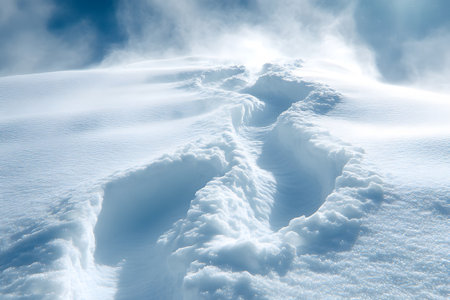 A tranquil, untouched snowy landscape under a clear blue sky featuring a single trail winding upwards through fresh powder. soft clouds gently hover above, creating an inviting and majestic winter scene perfect for adventure enthusiasts. Generative AIの素材