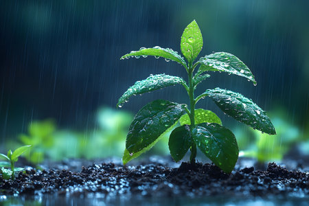 A young plant stands resilient in a rain-soaked setting, symbolizing growth, renewal, and the nurturing power of nature. water droplets glisten on vibrant green leaves, themes of life, sustainability, and fresh beginnings. Generative AIの素材