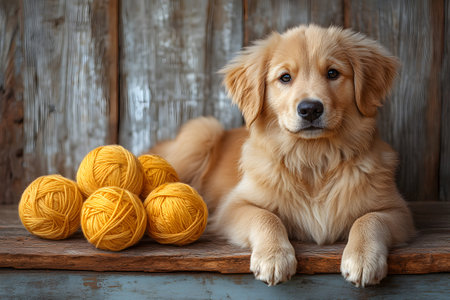 A fluffy golden retriever puppy lies comfortably on a wooden surface beside a collection of vibrant yellow yarn balls. the rustic background enhances the warm and cozy atmosphere, the playful and gentle nature of the scene. Generative AIの素材