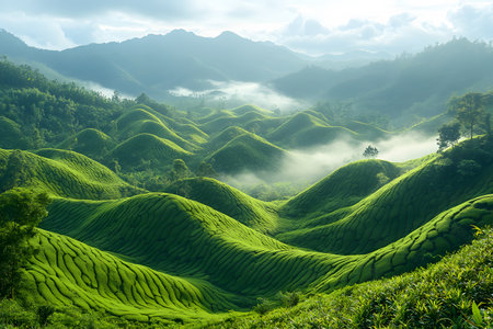 Vibrant green hills stretch across a tranquil, mist-filled valley framed by distant mountains. the play of light and shadow accentuates the rolling terrain, creating a sense of peace and natural beauty, ideal for nature-themed designs. Generative AIの素材