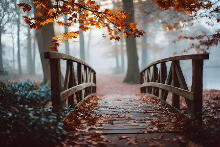 Wooden bridge adorned with fallen autumn leaves, leading into a foggy forest. the warm hues of orange and brown contrast with the misty atmosphere, creating a peaceful and nostalgic fall scene perfect for seasonal projects. Generative AIの素材