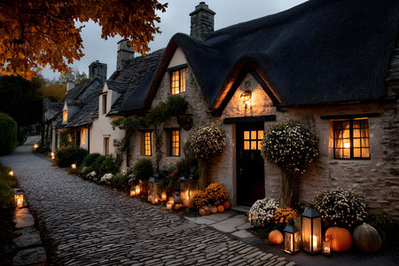 Charming thatched-roof cottage adorned with pumpkins, lanterns, and autumn flowers lining a cobblestone street. warm light from windows enhances the cozy, rustic halloween atmosphere. Generative AIの素材