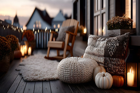 Tranquil balcony setting with autumnal decor, featuring a knitted cushion, pumpkins, and glowing candles. perfect for relaxation in a cozy outdoor space, surrounded by fall foliage and soft lighting. Generative AIの素材