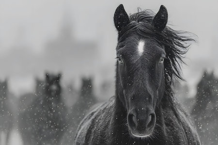 A striking black horse emerges prominently from a blurred backdrop of a wintry landscape, its mane flowing in the cold breeze. the monochrome setting emphasizes the resilience and grace of the animal amidst falling snowflakes. Generative AIの素材