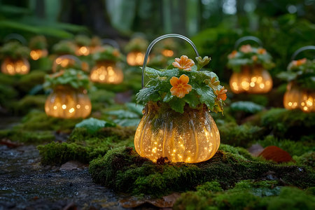 Decorative glass lanterns shaped like flowers illuminate a lush forest pathway, creating a warm, magical ambiance. surrounded by vibrant greenery and soft moss, the glowing lanterns add an enchanting touch to the serene woodland setting. Generative AIの素材