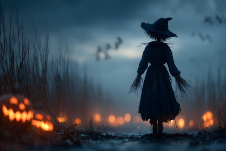 Spooky halloween scene featuring a scarecrow silhouette in a foggy cornfield. dimly lit by glowing jack-o'-lanterns, the eerie atmosphere is enhanced by dark clouds and silhouettes of flying bats. Generative AIの素材
