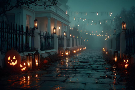 A foggy halloween night unfolds with glowing jack-o'-lanterns lining a cobblestone path. lanterns twinkle above, guiding the way to a mysterious house. the misty atmosphere creates an eerie yet enchanting ambiance, perfect for the holiday. Generative AIの素材