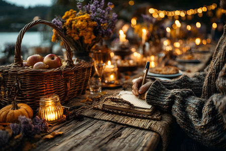 A beautifully set autumn table, adorned with glowing candles, pumpkins, and a basket of apples. a person in a warm sweater writes in a notebook, embodying a cozy fall atmosphere. festive lights create a warm, inviting ambiance. Generative AIの素材
