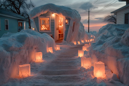 A picturesque winter evening features a snow-covered pathway lined with glowing paper lanterns leading to a warmly lit house. the serene scene exudes warmth, inviting cheer, and the enchanting spirit of winter nights. Generative AIの素材
