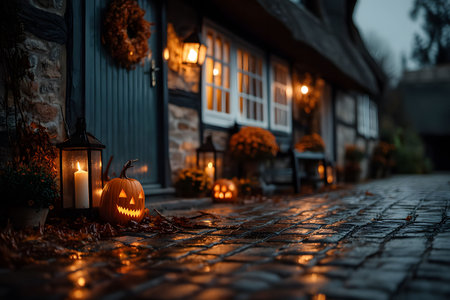 A quaint cobblestone path leads to a rustic cottage adorned with glowing jack-o'-lanterns and warm candlelight. the subtle reflections on the wet stones add a magical ambiance to this picturesque halloween evening setting. Generative AIの素材