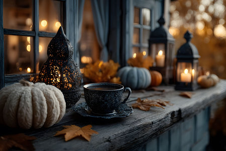 A warm and inviting autumn setting featuring a wooden ledge adorned with pumpkins, lit lanterns, and fallen leaves. a steaming cup adds a cozy touch, with soft focus lighting from the surrounding environment. Generative AIの素材