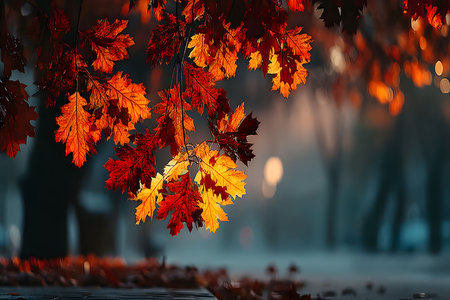 Stunning display of vibrant red and yellow autumn leaves hanging from a tree branch, set against a softly blurred, misty forest background. perfect for seasonal decor, nature-themed projects, and autumn-inspired designs. Generative AIの素材