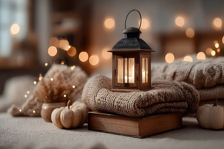 Lantern illuminating folded knit sweaters and a book with small pumpkins, creating a warm and inviting fall atmosphere. twinkling lights and blurred background enhance the sense of coziness and seasonal charm. Generative AIの素材