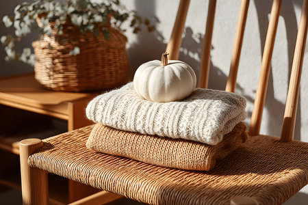 Warm autumn scene featuring a white pumpkin resting on folded knit sweaters, set on a woven chair. the soft lighting enhances the cozy atmosphere, complemented by a wicker basket with dried foliage in the background. Generative AIの素材