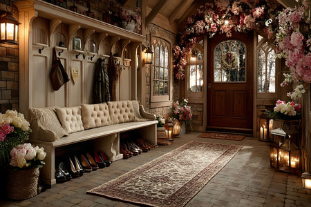 Rustic entryway with warm lighting, featuring a tufted sofa, floral accents, and wooden details. shoes neatly organized, enhancing the cozy and inviting atmosphere perfect for home design inspiration. Generative AIの素材