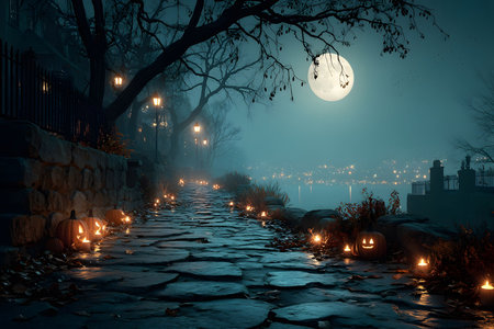 A mysterious halloween night scene featuring a moonlit pathway adorned with glowing jack-o'-lanterns. the path is lined with bare trees and softly illuminated by vintage street lamps, creating an eerie yet captivating atmosphere perfect for seasonal designs. Generative AIの素材