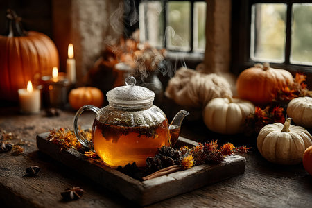A glass teapot emits steam on a wooden tray surrounded by fall elements like pumpkins and dried leaves. soft candlelight enhances the cozy autumnal atmosphere, perfect for a warm seasonal gathering. Generative AIの素材