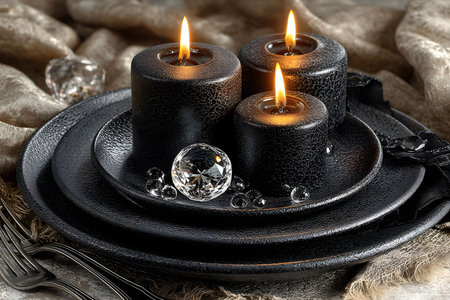A sophisticated dining setup featuring three burning black candles on a stack of textured black plates, accented with sparkling crystal gems. the warm candlelight contrasts with the rich textures, creating a luxurious and intimate ambiance. Generative AIの素材
