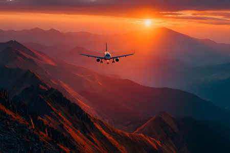 Airplane soaring above rugged mountain landscape with a stunning sunset backdrop. the vibrant hues and dramatic lighting create a sense of adventure and wanderlust, beautifully capturing nature's grandeur and aviation's marvels. Generative AIの素材