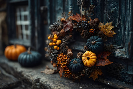A rustic wreath adorned with vibrant pumpkins, pinecones, and autumn leaves decorates a weathered wooden door. in the background, small pumpkins add to the autumnal charm, complementing the colorful seasonal display. Generative AIの素材