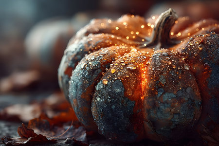 A close-up of a pumpkin glistening with dew highlights autumn's enchanting charm. warm lighting and fallen leaves evoke harvest and halloween themes, ideal for seasonal decor concepts. Generative AIの素材