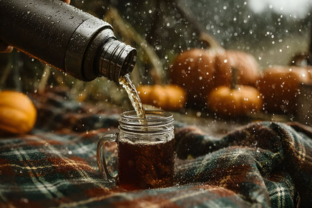A serene autumn scene showcasing a hot beverage being poured into a glass mug, set on a plaid blanket. surrounding pumpkins in soft focus evoke seasonal warmth and rustic charm, perfect for fall-themed designs. Generative AIの素材