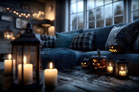 A warmly lit living room creates a cozy ambiance with glowing pumpkins carved into jack-o'-lanterns and flickering candles. the decor features plush cushions and throws in a serene setting, ideal for a halloween celebration. Generative AIの素材