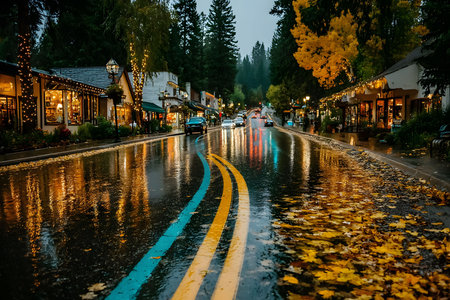 A picturesque autumn evening in a quaint town. the wet street reflects colorful lights from shops and trees adorned with yellow leaves. warm, inviting shop windows glow amidst the tranquil, rainy atmosphere. Generative AIの素材
