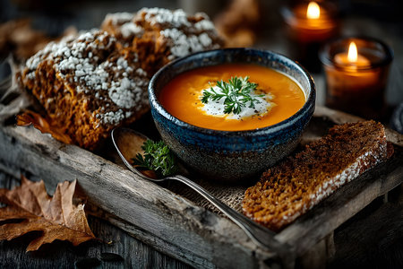 A cozy autumn scene featuring a steaming bowl of pumpkin soup garnished with greens, surrounded by freshly baked bread on a rustic wooden tray. candlelight and autumn leaves enhance the warm, comforting ambiance. Generative AIの素材
