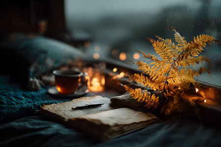 Embrace the warmth of autumn with a cozy setting featuring a cup of tea, vintage books, and soft candlelight by a window. a touch of nature is added with a fern, creating a serene and relaxing atmosphere perfect for introspection. Generative AIの素材