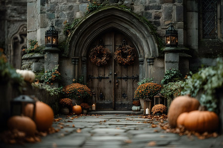 An inviting stone doorway adorned with autumn-themed wreaths, surrounded by vibrant pumpkins, foliage, and lanterns, offering a cozy and festive atmosphere perfect for halloween or fall celebrations. Generative AIの素材