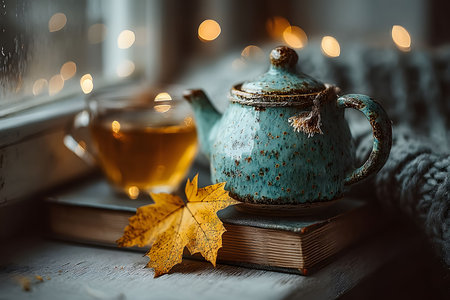 A rustic teapot and a steaming cup of tea rest on books by a window adorned with autumn leaves. warm, twinkling lights enhance the cozy, inviting atmosphere, ideal for fall-themed designs and decorations. Generative AIの素材