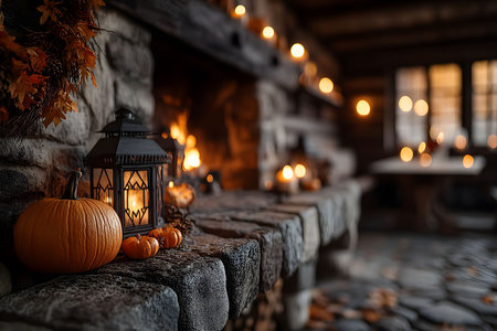 A warm, inviting scene featuring pumpkins and a lantern on a stone mantel in a rustic cabin. soft candlelight illuminates the wooden interior, creating a cozy autumn atmosphere perfect for seasonal decor inspiration. Generative AIの素材