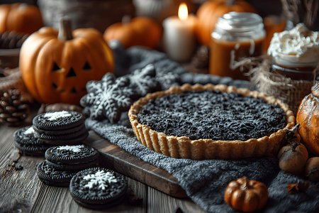 Warm autumn scene featuring a pumpkin tart surrounded by festive cookies, mini pumpkins, pinecones, and cozy lighting. ideal for showcasing fall flavors or thanksgiving decor in a rustic setting. Generative AIの素材