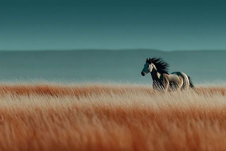 A solitary horse gallops through a sprawling meadow at sunrise, with the horizon framing its powerful silhouette. the interplay of natural light and vibrant grassy landscape highlights the grace and freedom of the scene. Generative AIの素材