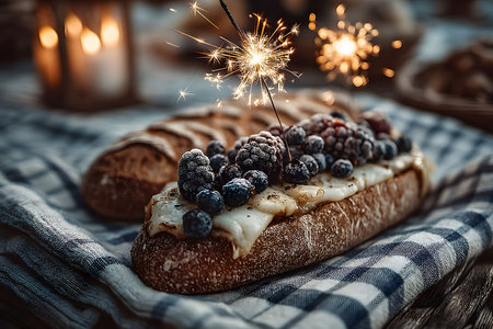 Artisan bread topped with melted cheese and a colorful arrangement of blackberries and blueberries. a lit sparkler adds a festive touch, creating a warm, cozy ambiance perfect for celebrations or holidays. Generative AIの素材