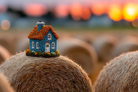 A charming miniature house sits atop a hay bale with a vibrant sunset in the background, creating a picturesque autumn countryside scene. the warm glow of the setting sun enhances the cozy, rural atmosphere. Generative AIの素材