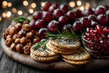 A beautifully arranged cheese platter featuring crackers with chia seeds, red grapes, pomegranate seeds, nuts, and rosemary. ideal for festive gatherings or elegant holiday dining, set against a softly lit background. Generative AIの素材