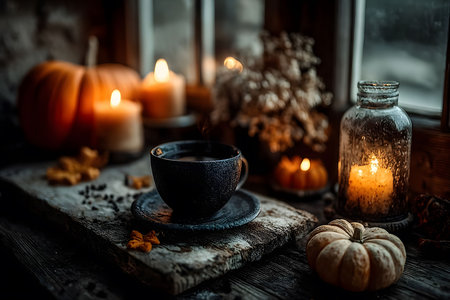 A warm, inviting scene featuring a steaming cup of coffee on a rustic wooden table. surrounded by glowing candles and pumpkin decor, this autumnal setting evokes a sense of coziness and seasonal charm, ideal for fall-themed designs. Generative AIの素材