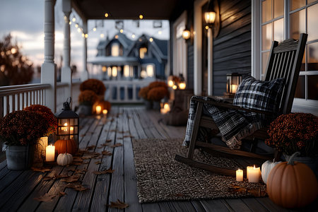 A serene autumn porch scene featuring a wooden rocking chair with a plaid blanket, surrounded by pumpkins and glowing lanterns. the soft lighting and rustic charm create a warm, inviting atmosphere ideal for fall-themed design projects. Generative AIの素材