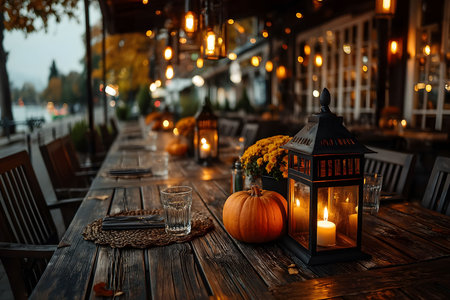 Outdoor dining table adorned with pumpkins and a lit lantern, evoking a warm autumn atmosphere. soft lighting and rustic wooden elements create an inviting setting, ideal for seasonal gatherings and celebrations. Generative AIの素材