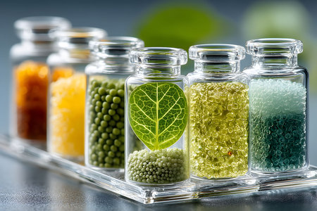Glass vials with colorful beads and a green leaf arranged in a laboratory setting, illuminated by soft lighting, showcasing themes of science, nature, and innovation. ideal for design, advertising, and educational purposes. Generative AIの素材