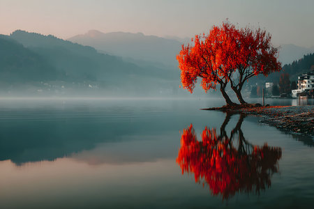 A serene lakeside view showcasing a vivid red tree reflecting on calm water, with misty mountains in the background. the peaceful autumn landscape evokes a sense of tranquility and natural beauty. Generative AIの素材