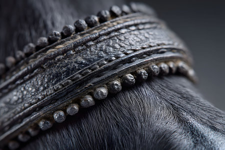 Detailed macro shot the intricate craftsmanship of a leather strap with beaded edging against black animal fur. emphasizes texture and material quality, ideal for discussions on fashion, craftsmanship, or design. Generative AIの素材