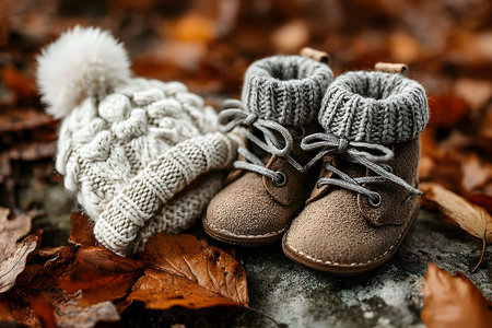 Knitted baby hat with a fluffy pom-pom and matching baby boots set against a backdrop of autumn leaves. perfect for showcasing fall fashion trends and warm, seasonal clothing for infants. Generative AIの素材