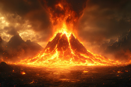 Volcanic eruption captured at dusk showcases intense lava flow and fiery explosion, framed by dark, stormy clouds. ideal for illustrating natural disasters, volcanic activity, and the power of nature. Generative AIの素材