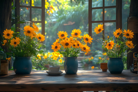 Bright yellow daisies in blue pots adorn a wooden table by an open window, allowing natural light to illuminate the room. a serene atmosphere with lush outdoor greenery creates a calming interior setting. Generative AIの素材