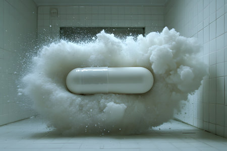 A dramatic scene of a large white capsule bursting through a cloudy, foamy explosion within a stark, tiled room. this surreal and striking image explores themes of health, mystery, and transformation in an imaginative way. Generative AIの素材
